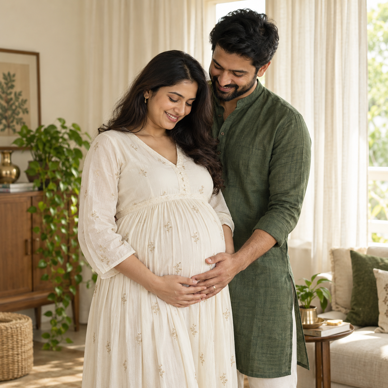 An Indian expecting couple sharing a quiet moment in a sunlit home.